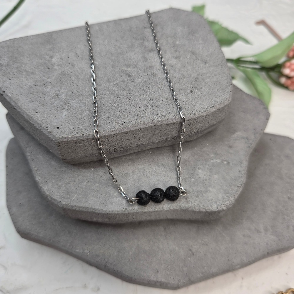 Marilyn Schiff Silver Tone Black Lava Rock Bead Minimalist Necklace Adjustable